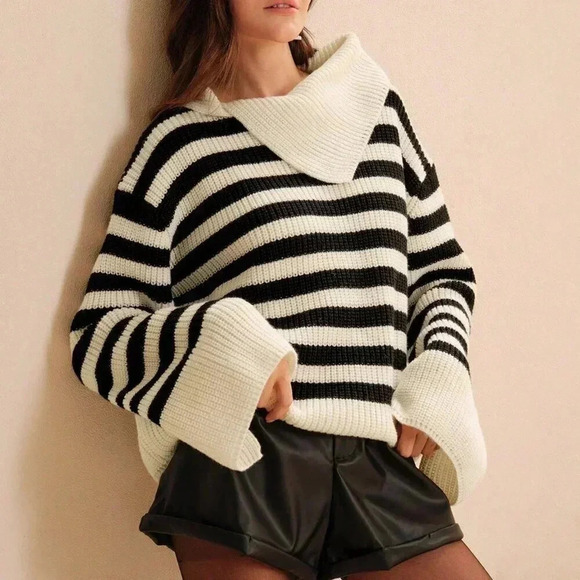 White & Black Casual Women's Striped Color Block Loose Knit Sweater - Picture 1 of 5